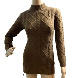 SHEIN Brown Long Sleeve Mock neck Cable Knit Backless Sweater Dress Sz XS Baddie